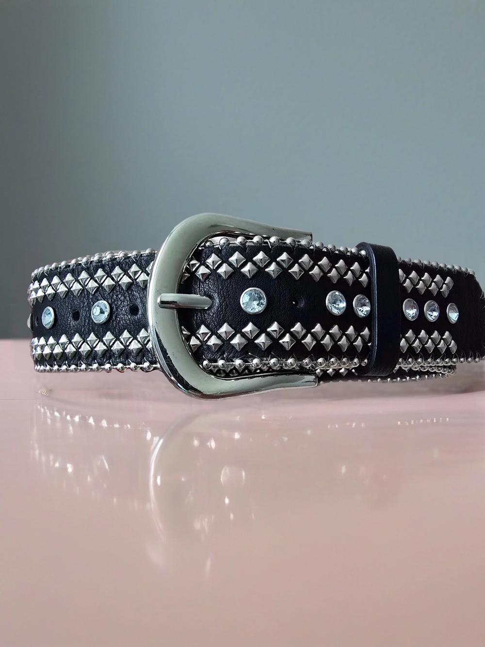 Rhinestone & Studded Black Vegan Leather Belt - 2x - NWOT